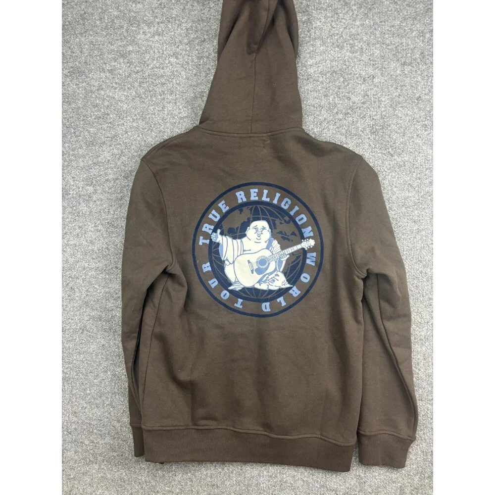 True Religion Hoodie Mens Medium Brown Full Zip Fleece Sweatshirt Buddha Graphic
